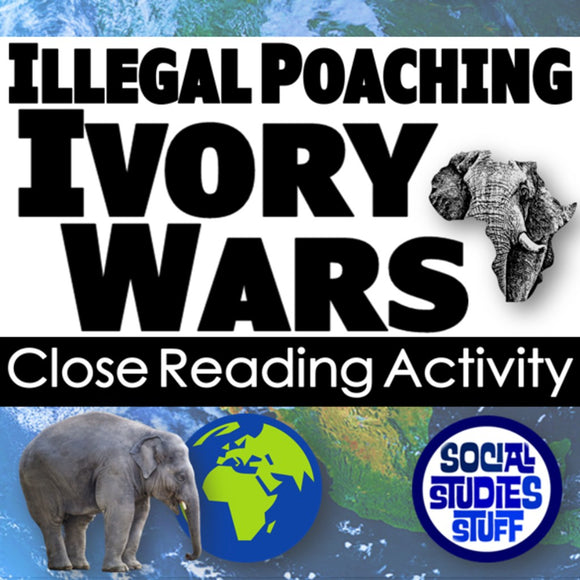 Educational poster about illegal poaching and ivory wars with elephant images and text.