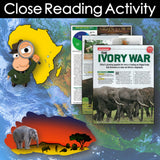 Close reading activity with a cartoon character, map, and magazine about the ivory war.