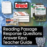 Educational materials on a world map with text about reading passages and response questions.
