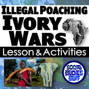 Educational material about illegal poaching and ivory wars with text and images of an elephant and a person holding elephant tusks.