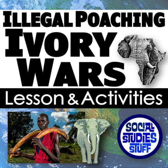 Educational material about illegal poaching and ivory wars with text and images of an elephant and a person holding elephant tusks.