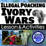 Educational material about illegal poaching and ivory wars with text and images of an elephant and a person holding elephant tusks.
