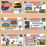 Educational materials on a wooden surface, including slides and activities about Africa and the Ivory Wars.