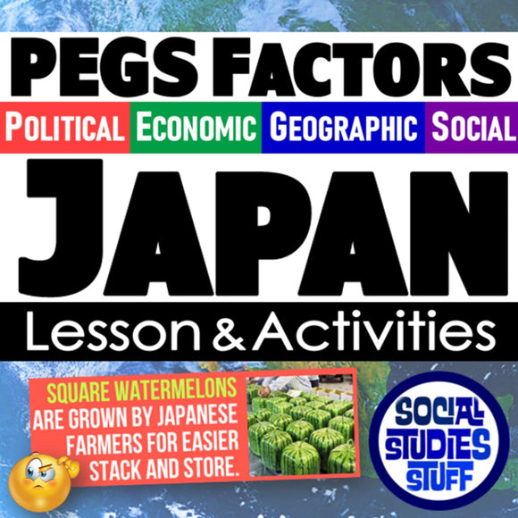 Educational poster about PEGS Factors in Japan with text and graphics on a blue background.