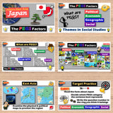 Educational materials on a wooden surface with various graphics and text related to social studies and geography.