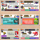 Educational software interface with various educational activities on a wooden surface.