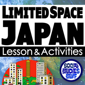 Cover of a book or resource titled 'Limited Space Japan' with illustrations of buildings and text about social studies activities.