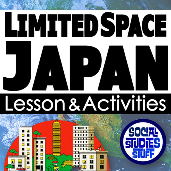 Cover of a book or resource titled 'Limited Space Japan' with illustrations of buildings and text about social studies activities.