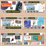 Educational materials on Japan's population and geography displayed on a wooden surface.