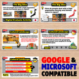 Educational slides on a wooden surface with Google and Microsoft compatibility text.
