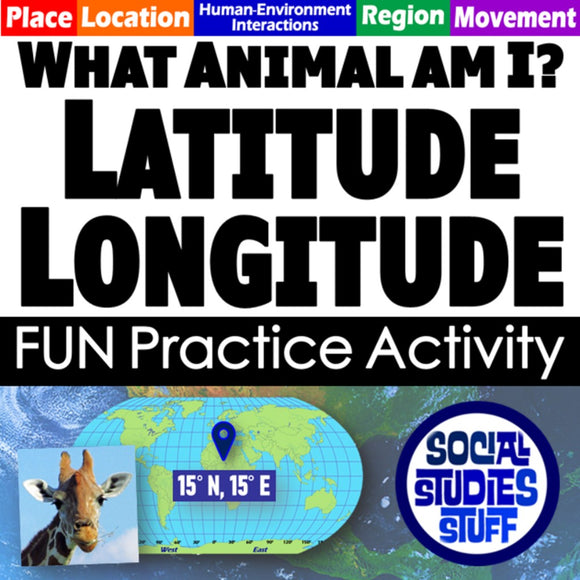 Educational poster about latitude and longitude with a giraffe and map illustration.