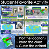 Educational activity board with geography-themed cards and a polar bear image.
