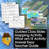 Educational materials including slides, maps, and digital practice activities on a world map background.