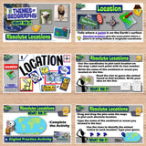 Educational materials on absolute locations and themes of geography on a wooden surface.