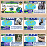 Educational posters about animals and their locations on a world map.