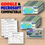 Educational materials including worksheets and digital practice activities on a wooden surface with 'Google & Microsoft Compatible' text.