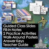 Educational materials including slides, notes, activities, and posters on a world map background.