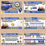 Educational materials on government with various activities and questions displayed on a wooden surface.