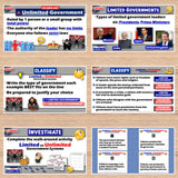 Educational posters on limited and unlimited government displayed on a wooden surface.