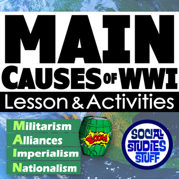 Educational poster about the main causes of WWI with a green bomb graphic and 'Social Studies Stuff' logo.