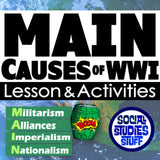Educational poster about the main causes of WWI with a green bomb graphic and 'Social Studies Stuff' logo.