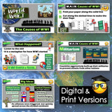 Educational materials on World War I causes and events with digital and print versions.