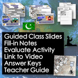 Educational materials with text overlay on a world map background