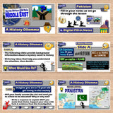 Educational slides on a wooden surface with various topics and questions.