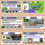 Educational game interface with Pakistan-themed content on a wooden surface
