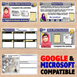 Educational software interface with activities and assessments on a wooden surface, featuring Google and Microsoft compatibility text.
