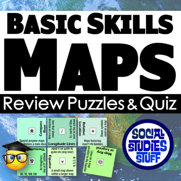 Promotional graphic for 'Basic Skills MAPS' review puzzles and quiz with educational design elements.
