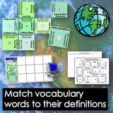 Educational materials on a world map background with vocabulary matching activity.