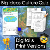 Promotional graphic for 'Big Ideas: Culture Quiz' with digital and print versions on a world map background.