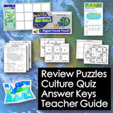 Educational materials including review puzzles, culture quiz, answer keys, and teacher guide on a world map background.