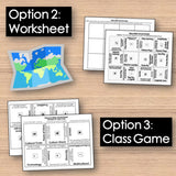 Educational materials including worksheets and a world map on a wooden surface.