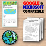 Educational materials including maps and a globe on a wooden surface with 'Google & Microsoft Compatible' text.
