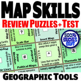 Basic Map Skills Review - Geography Vocabulary Puzzles & Quiz | Print & Digital