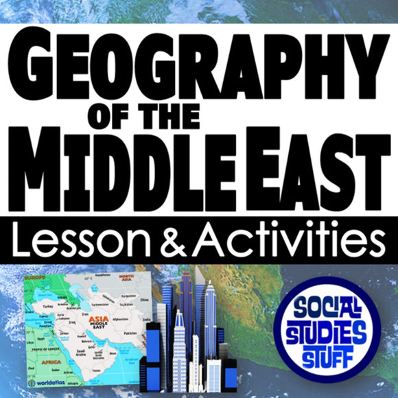 Title card for 'Geography of the Middle East' lesson and activities with map and cityscape illustrations.