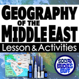 Title card for 'Geography of the Middle East' lesson and activities with map and cityscape illustrations.