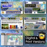 Educational geography game with maps and text on a blue world map background