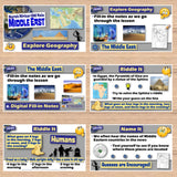 Educational materials on a wooden surface, including maps and text about the Middle East.