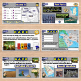 Educational game board with maps and text on a wooden surface