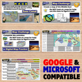 Educational materials on a wooden surface with map challenges and digital map practice.