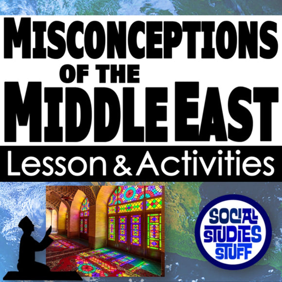Title card for 'Misconceptions of the Middle East' lesson and activities with a colorful interior and silhouette of a person.