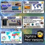 Educational materials about the Middle East with maps and text on a blue background