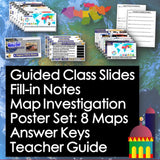 Educational materials including slides, notes, and posters on a world map background.