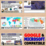 Educational materials on a wooden surface with maps and text, featuring Google and Microsoft compatibility text.