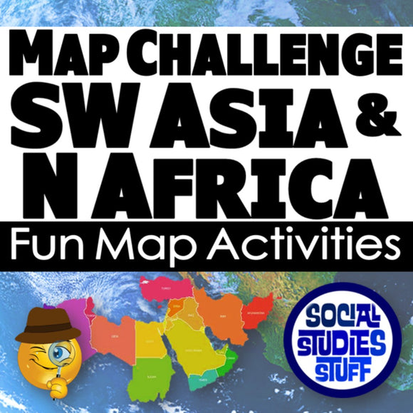 Map challenge for Southwestern Asia and Northern Africa with colorful map and 'Social Studies Stuff' logo.
