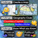 Educational graphic with map challenges and related elements on a world map background.