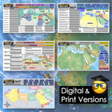 Collection of educational maps on a world map background with digital and print versions text.